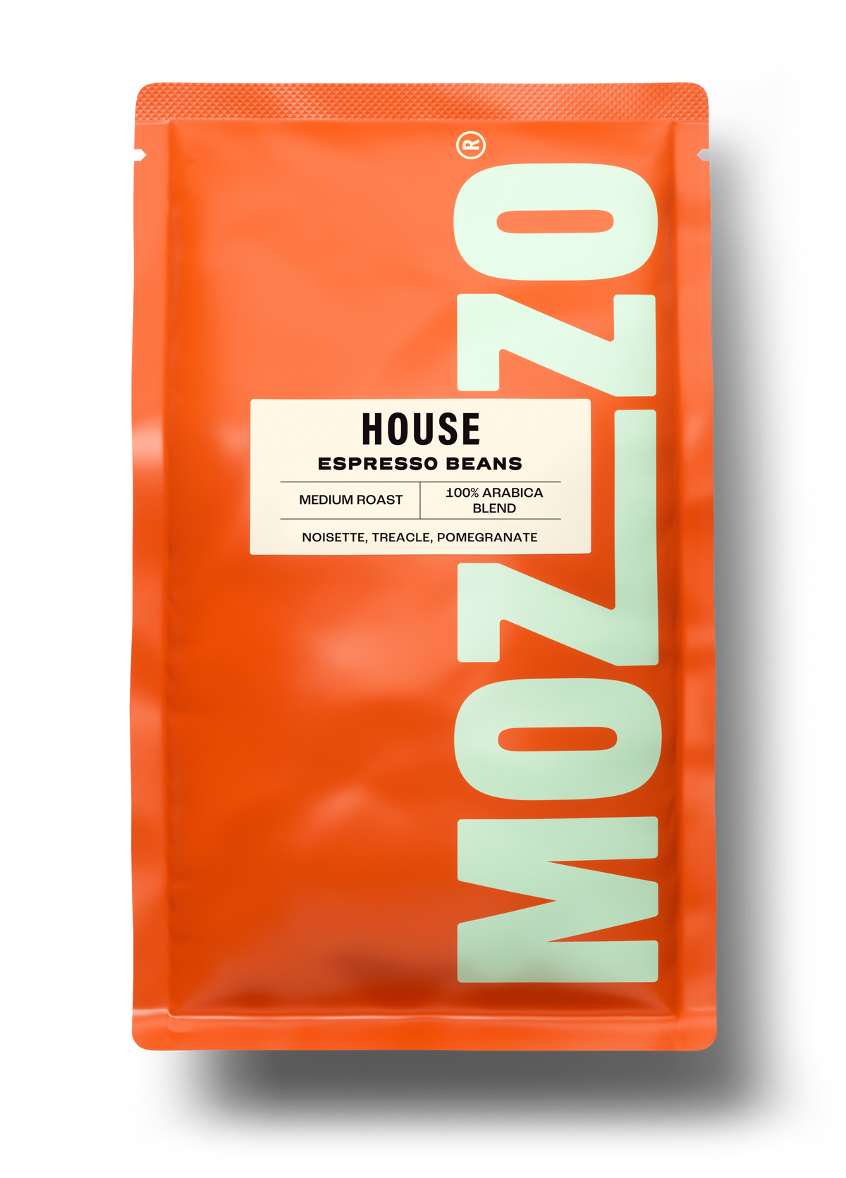 A bag of Mozzo HOUSE espresso coffee beans