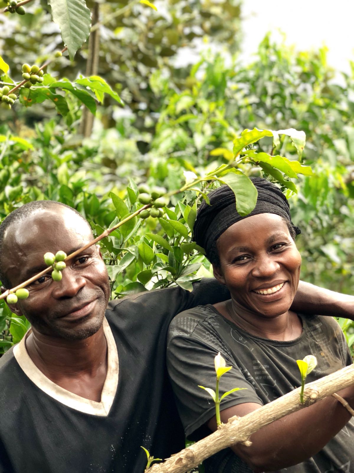 African man & woman standing amongst a coffee farm