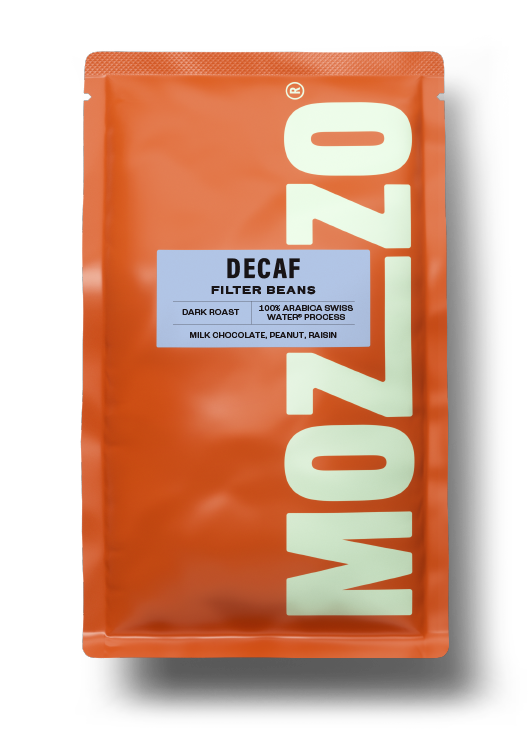 A bag of Mozzo DECAF filter coffee beans 